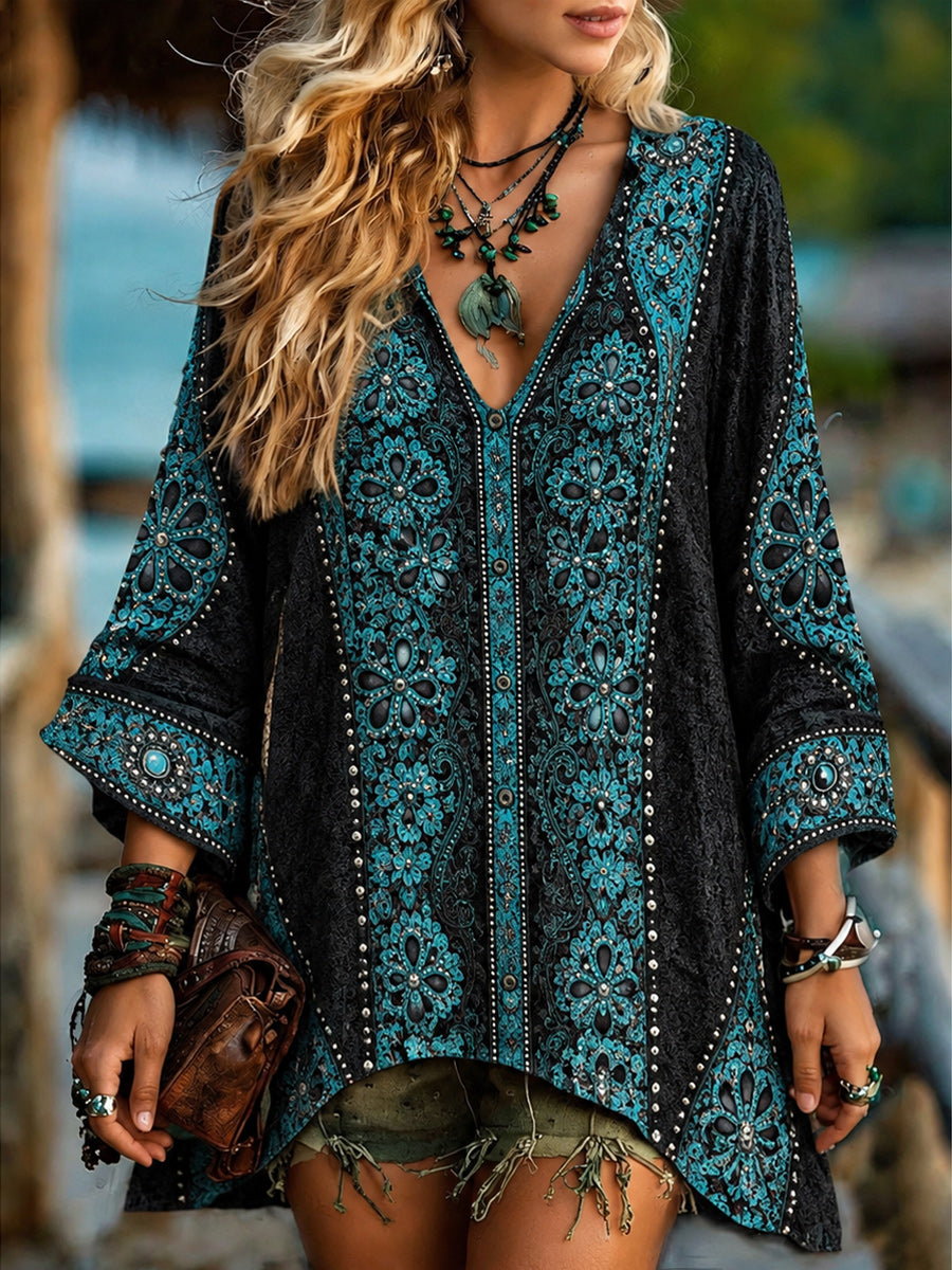Women's Casual Art Print Retro Washed V-Neck Long Sleeve Top
